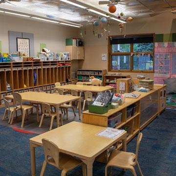 Young Preschool Classroom, showing child cubbies and learning areas.